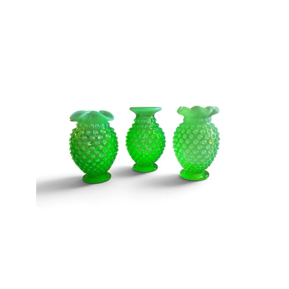 Vintage Fenton Hobnail Vaseline Uranium Glass Bud Vase Set of 3 Green Glow #07